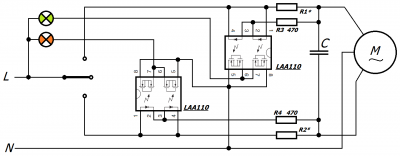 Kontrolky 230 V do 0,1 A,
<br />odpory R1* a R2* zvolit na úbytek napětí 6 - 10 VAC
