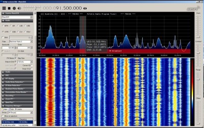 Část pásma FM rozhlasu, přijímáno na Pluto SDR, anténa 50 + 70 MHz na rotátoru, kousek od Slaného