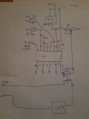Zjednodusene vypada schema obvodu takto. Stav pred budouci upravou s PNP tranzistory.