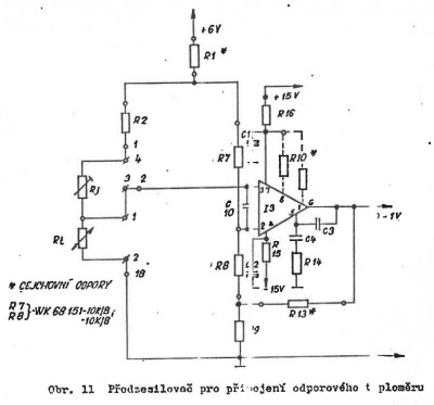 Zepax 40 - Schema předzesilovače Pt100 - Rezistory R1, R2, R13 lze upravit rozsah