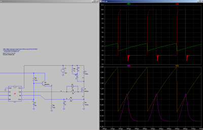 V1-zelená oscilátor
<br />V2-červená výstup na G
<br />V5-fialová Vsense po RC filtraci
<br />V6-hnědá emitor Q1