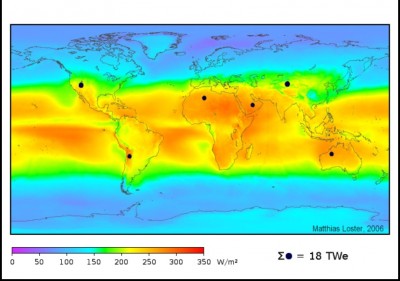Mapa intenzity slnečného žiarenia dopadajuceho na zem.